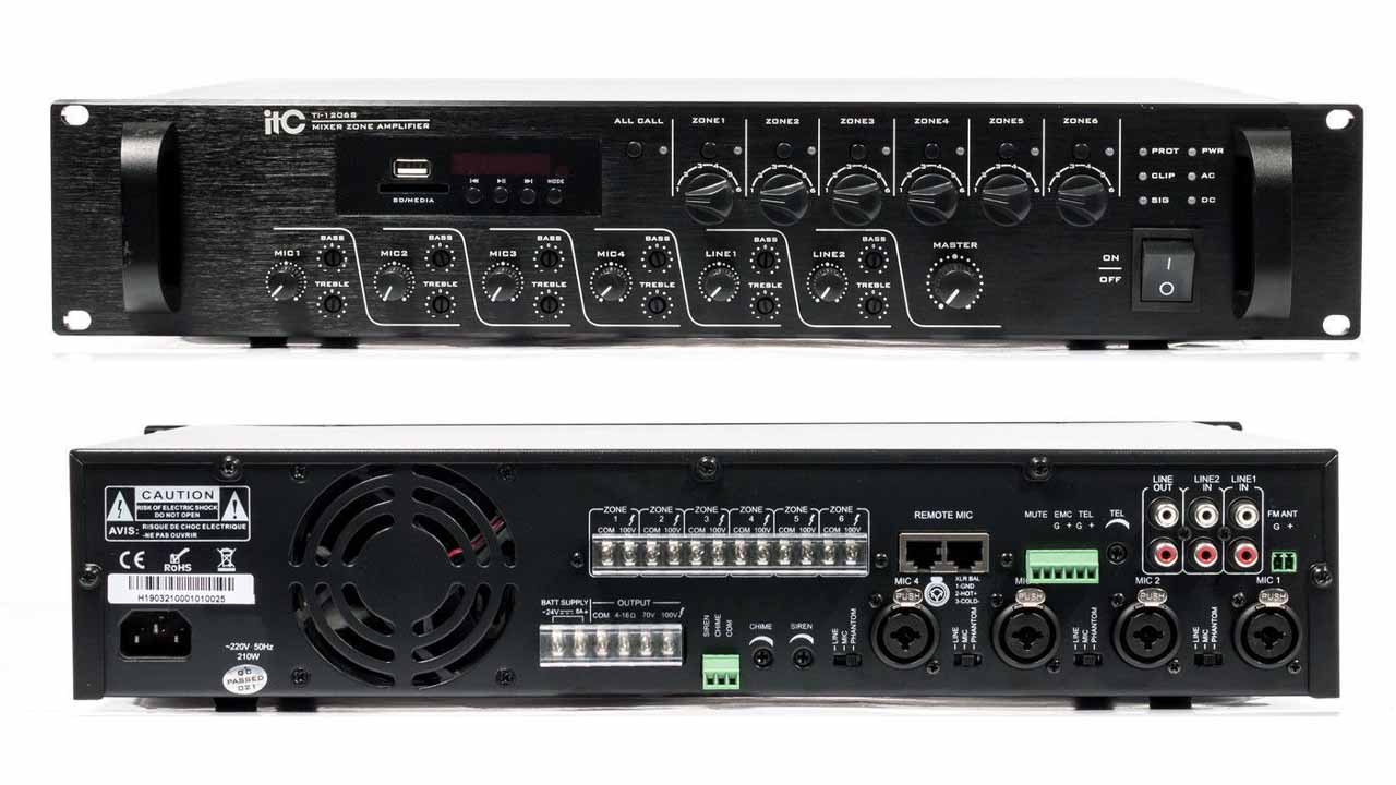Bộ khuếch đại công suất ITC TI-1206S (USB/SD+Bộ dò sóng FM, Bluetooth, 6 vùng, 120 W)